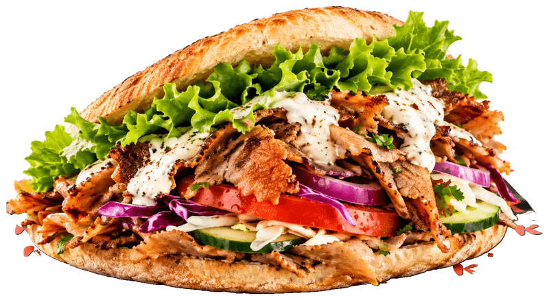 Panino Maxi Kebab: carne kebab, salsa bianca, pomodoro, cipolla rossa, cavolo viola, cetriolo e lattuga su carta K