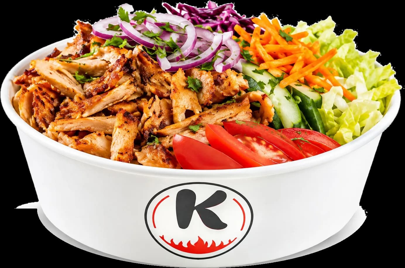 Piatto Kebab nella ciotola K: carne kebab, cipolla rossa, cavolo viola, carote, cetriolo, pomodoro e lattuga