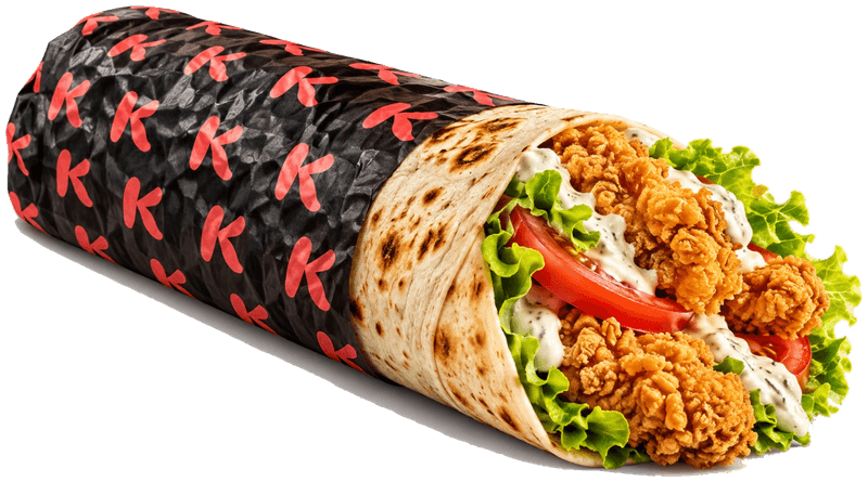 Chicken Wrap con pollo croccante, pomodoro, lattuga e salsa, avvolto nella carta K