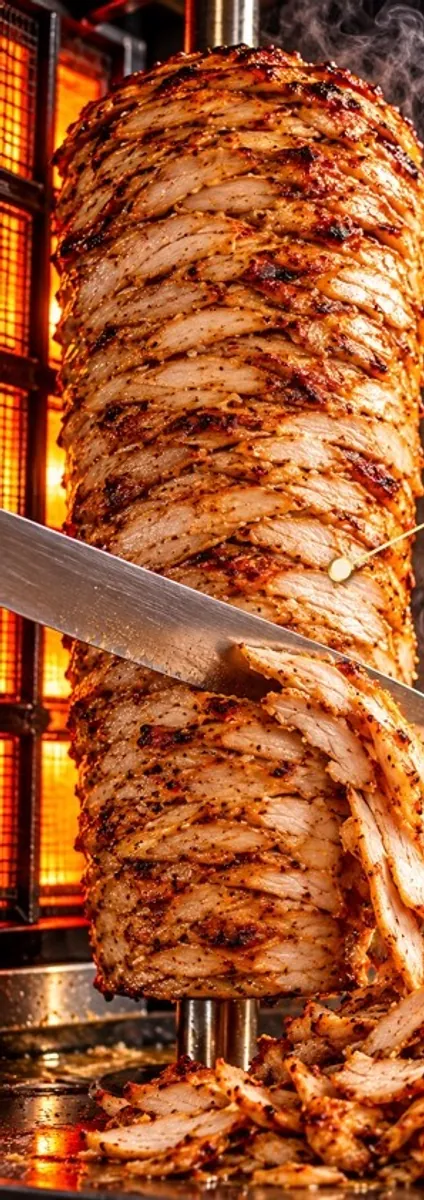 Spiedo di carne di pollo e tacchino dorata, con il coltello che la affetta