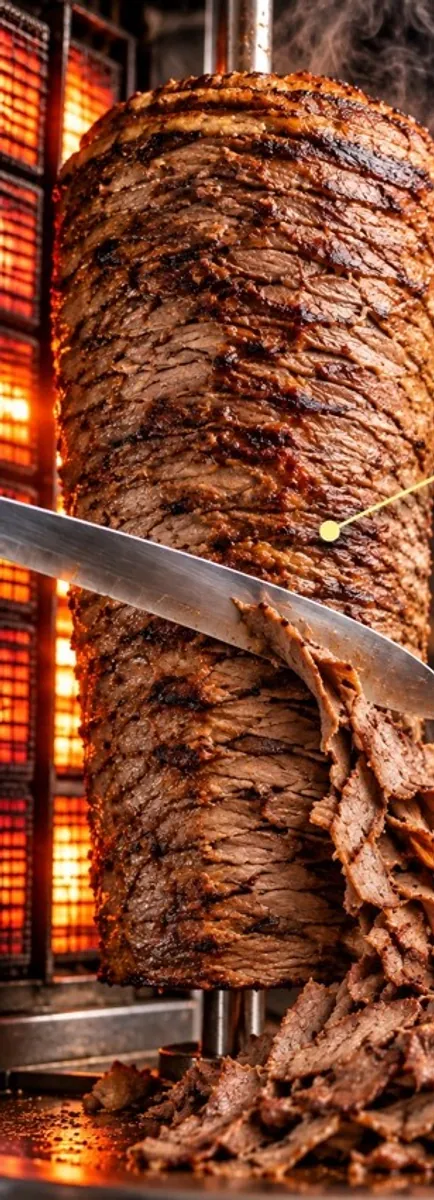 Spiedo di carne di vitello con la crosticina scura, affettata dal coltello